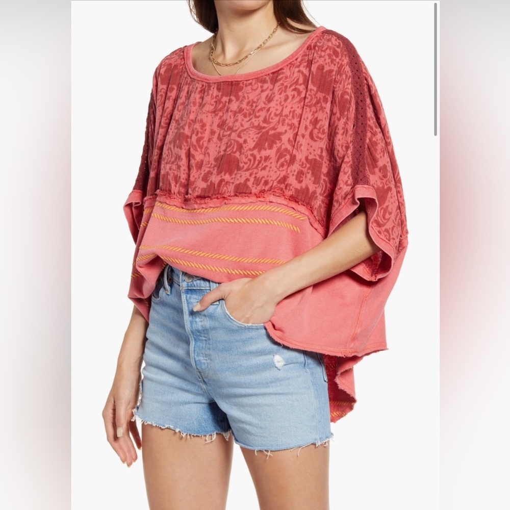 Free People Right Back Mixed Media Red/Pink Tee Top. Large